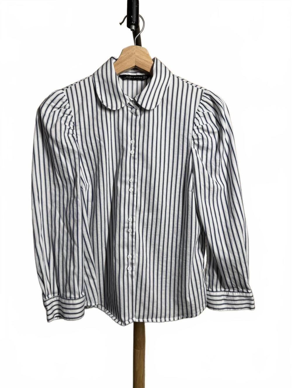 Zara Woman Striped Button-Up Shirt with Puff Sleeves